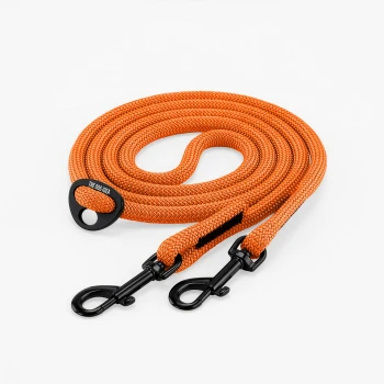 Orange geflochtene Hundeleine aufgerollt mit zwei schwarzen Metallwirbelkarabinern und einem schwarzen Ring mit der Aufschrift 'THE DOG IDEA'.
