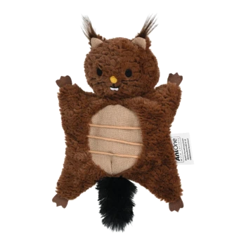 A plush brown squirrel toy with a smiling face, whiskers, and a fluffy tail, designed for pets.