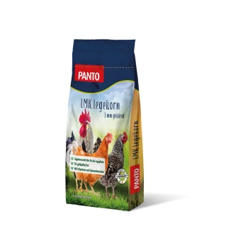 PANTO LMK Legekorn Hühnerfutterbeutel, mit bunten Hühnern auf einem grasigen Hintergrund, mit Text, der die Vorteile für Legehennen hervorhebt.