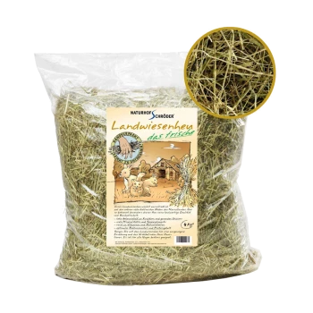 Eine durchsichtige Plastiktüte mit "Landwiesenheu das frische" Heu für Haustiere, mit einem bunten Etikett mit Illustrationen von kleinen Tieren und einer Scheune.
