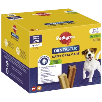 Pack méga de soins bucco-dentaires Pedigree Dentastix, contenant 70 friandises dentaires pour chiens pesant entre 5 et 10 kg, promouvant la santé bucco-dentaire.