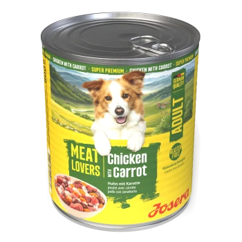 Dose Josera Hundefutter mit der Aufschrift 'Meat Lovers Chicken with Carrot' zeigt einen lächelnden Hund, 'Adult' und 'Gluten Free'.