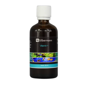 Flasche Silbermann Vitamin + für Fische, 100 ml, mit bunten aquatischen Bildern auf dem Etikett.