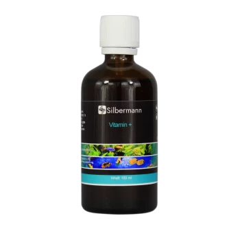 Flasche Silbermann Vitamin + für Fische, 100 ml, mit bunten aquatischen Bildern auf dem Etikett.