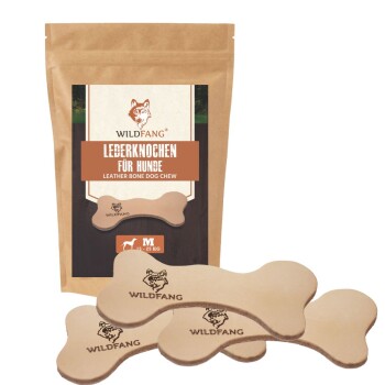 Lederknochen-Hundekauartikel von Wildfang, verpackt in braunem Verpackungsmaterial mit dem Text 'LEDERKNOCHEN FÜR HUNDE' und mehreren knochenförmigen Kauartikeln.