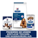 Hill's Prescription Diet z/d für Hunde: Trockenfutterbeutel, Nassfutterdose und hypoallergene Leckerlis. Text: "PROBIEREN SIE UNSER LECKERES TROCKEN- UND NAßFUTTER."