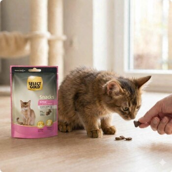 Pręgowany kociak wąchający smakołyk z ręki obok różowej torby Select Gold Snacks Kitten.