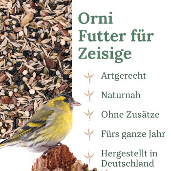 Nahaufnahme von gemischtem Vogelfutter mit deutschem Text, der Qualität, artspezifisch für Erlenzeisige, natürlich und in Deutschland hergestellt hervorhebt.