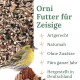 Nahaufnahme von gemischtem Vogelfutter mit deutschem Text, der Qualität, artspezifisch für Erlenzeisige, natürlich und in Deutschland hergestellt hervorhebt.