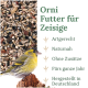 Nahaufnahme von gemischtem Vogelfutter mit deutschem Text, der Qualität, artspezifisch für Erlenzeisige, natürlich und in Deutschland hergestellt hervorhebt.