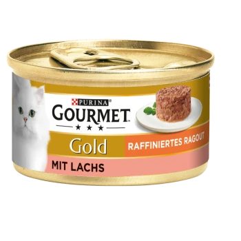 Eine Dose Purina Gourmet Gold Katzenfutter mit einem weißen Katzenetikett, "Mit Lachs" und "Raffiniertes Ragout."