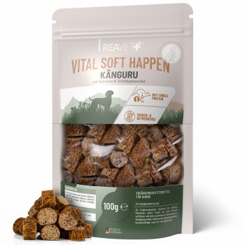 Hundeleckerlis in einem wiederverschließbaren Beutel mit der Aufschrift "Vital Soft Happen" mit Kängurufleisch, mit einem verspielten Hund auf der Vorderseite.