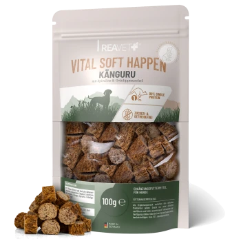 Hundeleckerlis in einem wiederverschließbaren Beutel mit der Aufschrift "Vital Soft Happen" mit Kängurufleisch, mit einem verspielten Hund auf der Vorderseite.