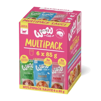 Multipack Katzenfutter mit sechs 85g Beuteln in verschiedenen Geschmacksrichtungen, einschließlich Huhn und Lachs in Sauce, mit leuchtender Verpackung.