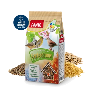 Panto Premium Gartentraum Vogelfutterbeutel mit bunten Vogelillustrationen und wichtigen Merkmalen in einem grünen Banner.