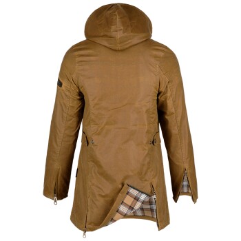 Braune Kapuzen-Tierjacke mit kariertem Futter und Reißverschlussdetails, von hinten gezeigt.