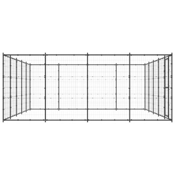 Ein großes, schwarzes Metallhundehäuschen mit einem Gitterdesign, das mehrere Paneele und eine Tür für einfachen Zugang bietet.