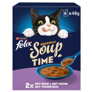 Purina Felix 'Soup Time'-doos: zwart-witte kat likt zijn lippen, kom soep; tekst '6 x 48 g' en '2x met rund/kip/tonijn'.