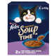 Purina Felix 'Soup Time'-Schachtel: schwarz-weiße Katze leckt sich die Lippen, Schüssel mit Suppe; Text '6 x48g' und '2x mit Rind/Huhn/Thunfisch'.