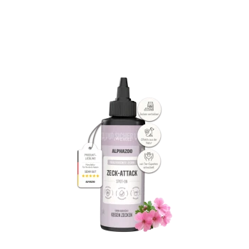 Flasche Alphazoo Zeck-Attack Spot-On Zeckenschutz für Hunde und Katzen mit pinken Blumen und Produktinformationsanhängern.