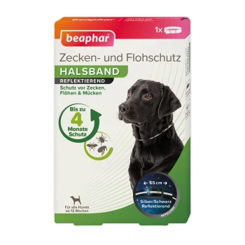 Emballage du collier réfléchissant contre les puces et les tiques Beaphar avec un chien noir, avec un texte indiquant une protection jusqu'à 4 mois.