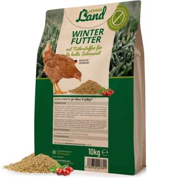 Ein 10 kg Sack "Hühner Land Winter Futter" Hühnerfutter, mit einer Grafik eines braunen Huhns, Nährstoffdetails und Text auf Deutsch.