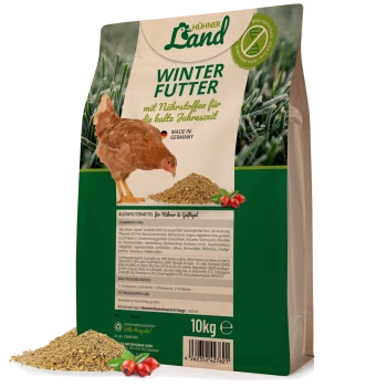 Ein 10 kg Sack "Hühner Land Winter Futter" Hühnerfutter, mit einer Grafik eines braunen Huhns, Nährstoffdetails und Text auf Deutsch.