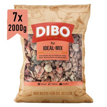 DIBO Ideal-Mix gefrorenes Hundefutterpaket, das eine Mischung aus Rindfleisch, Huhn und Innereien enthält, gekennzeichnet für ältere und übergewichtige Hunde, 2000 g.