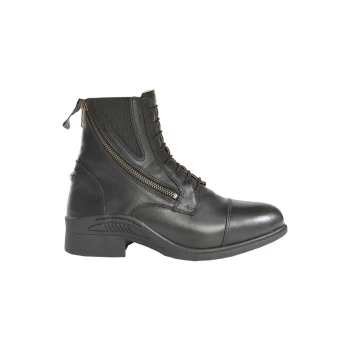 Schwarze Leder-Ankle-Boots mit einem seitlichen Reißverschluss und Schnürung, mit einer abgerundeten Zehe und einem niedrigen Absatz.