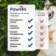 Pawlie's Ohrenreiniger für Haustiere enthält natürliche Zutaten, keine schädlichen Chemikalien und wurde von Experten entwickelt, gekennzeichnet mit Häkchen und Kreuzen.