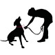 Silhouette einer Person, die eine Leine an einen sitzenden Hund anbringt, was die Bindung zwischen Haustier und Besitzer betont.