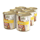 Dosen von Betty's Landhausküche Hundefutter mit Huhn, Süßkartoffel, Karotte und Birne, gekennzeichnet mit "Huhn" für erwachsene Hunde.