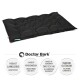 Schwarzes Haustierbett mit gepolstertem Design, beschriftet mit "Doctor Bark", mit Details zu Haltbarkeit, Hygiene und Pflegehinweisen.