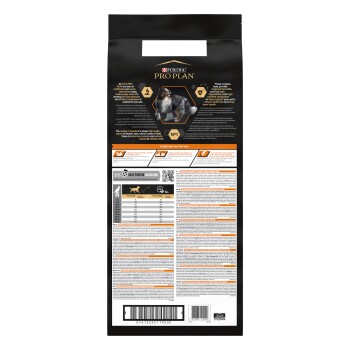 Dos d'un sac de nourriture pour chiens Purina Pro Plan avec une image de chien, des informations nutritionnelles, des directives d'alimentation et des détails sur les ingrédients.