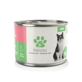 Pute pur 6x200 g Dosenkatzenfutter "Fellicita" für Erwachsene, mit einer schwarz-weißen Katze und deutschem Text: "Gesundes Futter - Glückliches Leben."