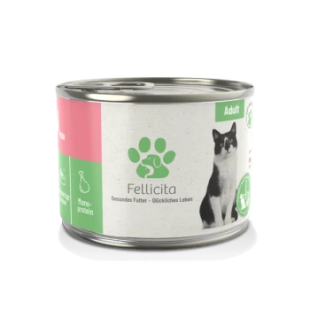 Dosenkatzenfutter "Fellicita" für Erwachsene, mit einer schwarz-weißen Katze und deutschem Text: "Gesundes Futter - Glückliches Leben."