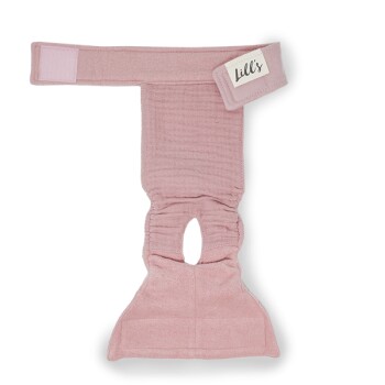 Ein pinkes Haustiergeschirr mit einer weichen Textur und verstellbarem Riemen, mit einem Etikett, das "Lill's" liest.