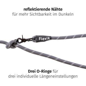 Graue Hundeleine mit reflektierenden Nähten für Sichtbarkeit, ausgestattet mit drei O-Ringen für verstellbare Längen, beschriftet mit 'Floxik.'
