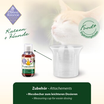 Flasche Mariendistelöl für Haustiere mit Messbecher, mit "Chrono Balance" und einem verschwommenen Katzenkopf im Hintergrund.