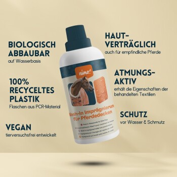 Nimo! Wash-In für Pferdedecken: umweltfreundlich, biologisch abbaubar, 100 % recycelt, vegan und hautfreundlich.