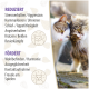 Zwei Katzen, die sich liebevoll aneinander schmiegen, mit einem Text auf der linken Seite, der die Vorteile eines Produkts auflistet: reduziert Stress, Aggression und fördert das Wohlbefinden.