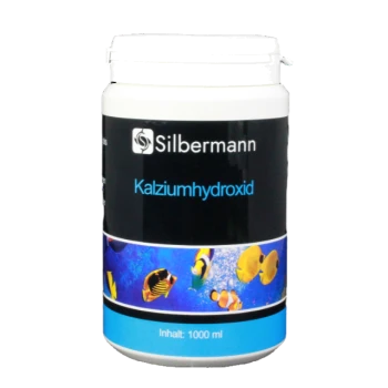 Behälter mit Silbermann Calciumhydroxid, 1000 ml, mit bunten Fischen auf einem blauen Hintergrund.
