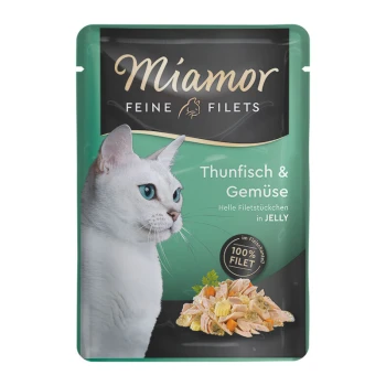 Sachet de nourriture pour chats avec un chat blanc aux yeux bleus, étiqueté "Miamor Feine Filets Thunfisch & Gemüse" avec la mention "100% Filet."