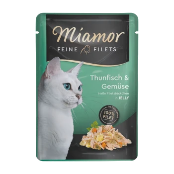 Katze Futterbeutel mit einer weißen Katze mit blauen Augen, beschriftet mit 'Miamor Feine Filets Thunfisch & Gemüse' und dem Anspruch '100% Filet'.