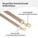 Beige Hundeleine mit zwei Größenoptionen: Standardgröße (2 cm Breite, großer Clip) und kleine Größe (1,5 cm Breite, kleiner Clip).