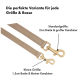 Beige Hundeleine mit zwei Größenoptionen: Standardgröße (2 cm Breite, großer Clip) und kleine Größe (1,5 cm Breite, kleiner Clip).