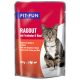 Katzenfutterbeutel mit einer getigerten Katze, beschriftet 'FIT+FUN RAGOUT mit Truthahn & Rind' mit Übersetzungen in Französisch und Italienisch, 100g.