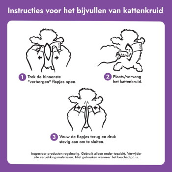 'Instructies voor het bijvullen van kattenkruid' (Nederlands) — handen openen een kattenspeeltje, steken kattenkruid erin en vouwen de flapjes dicht.