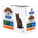 Hill's Prescription Diet m/d Diabetes Care kattenvoer, met een bruine kat op de doos, bevat 12 zakjes met zachte stukjes in jus, kip smaak.