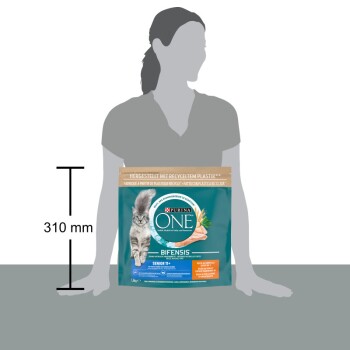 Purina ONE Bifensis Katzenfutterbeutel für Senioren, mit einer grauen Katze und einer Karotte, mit einer Höhe von 310 mm.